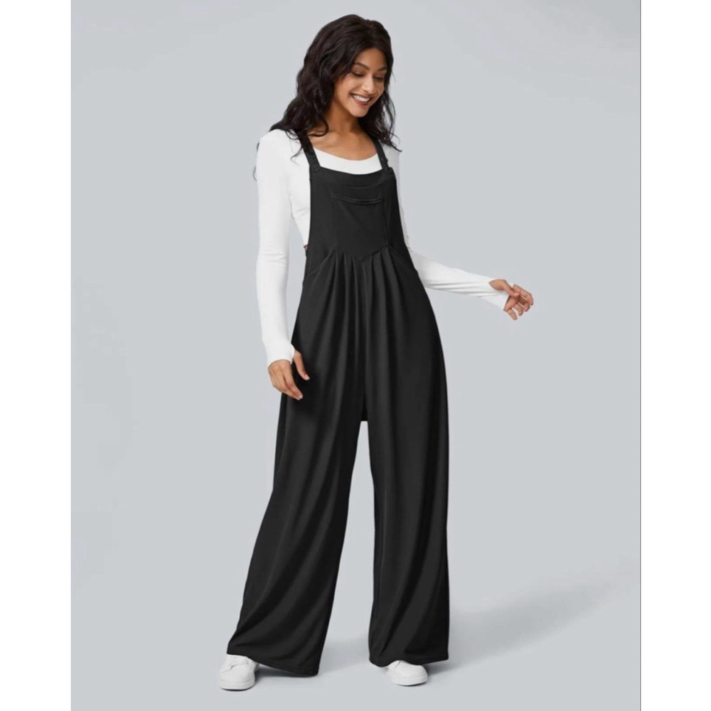 Halara Black Wide Leg Jumpsuit Overalls Womens L Pockets Waffle Casual Adjust